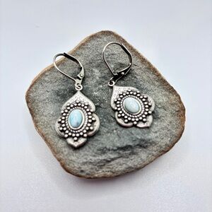 Baked Beads Silver-Tone Blue Center Dangle Pierced Earrings